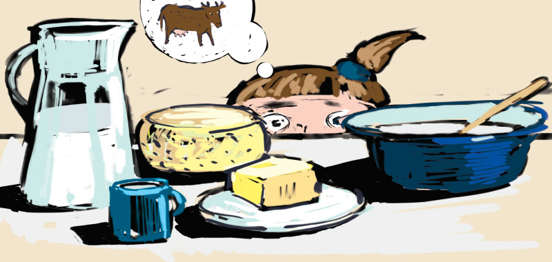 Comic story about country side, Table with goods made of milk